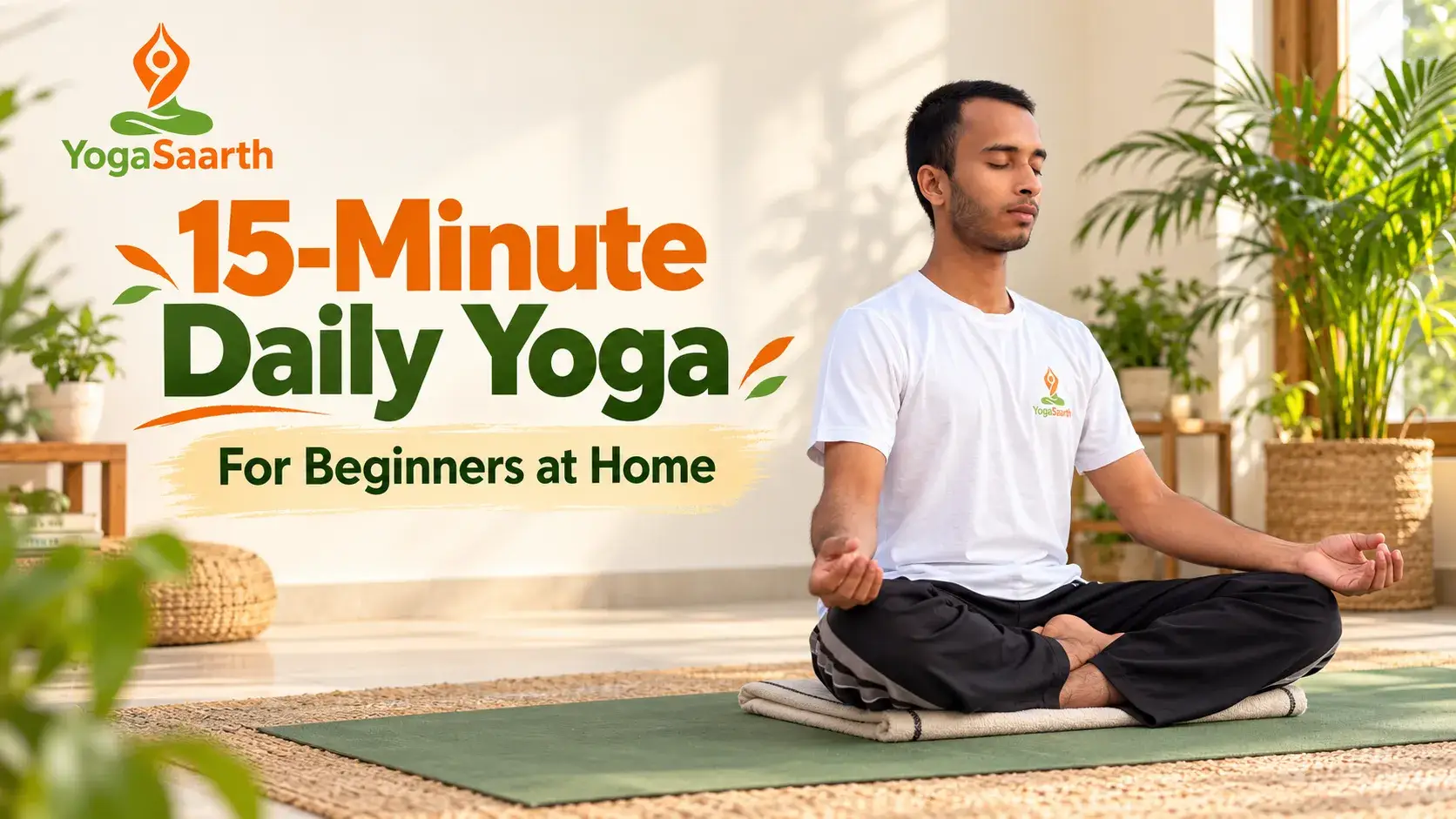 Man seated cross-legged on a yoga mat beside the title “15-Minute Daily Yoga for Beginners at Home”