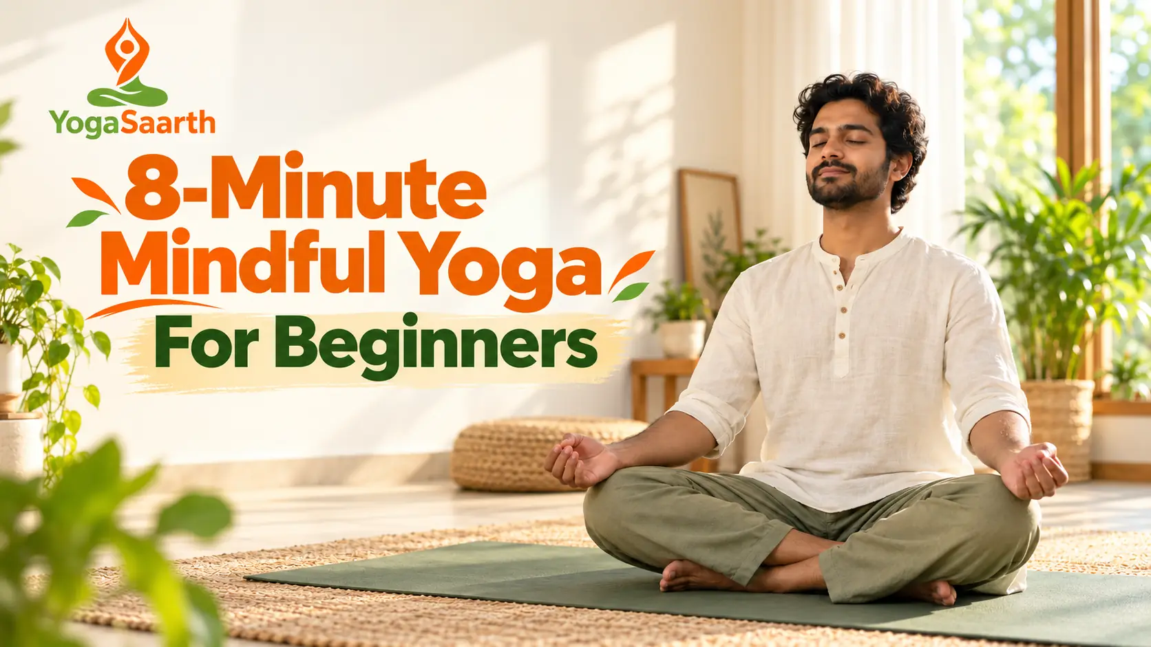 Yoga Saarth cover for an 8-minute mindful yoga routine, showing a man seated cross-legged in a bright room.