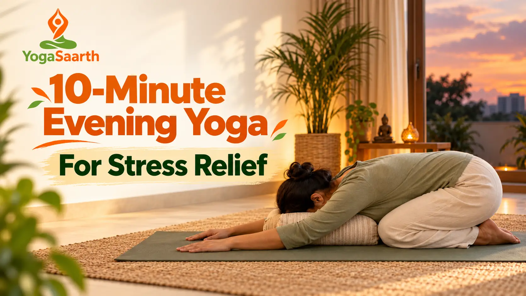 Yoga Saarth cover for a 10-minute evening yoga routine, showing a woman resting in supported Child’s Pose.