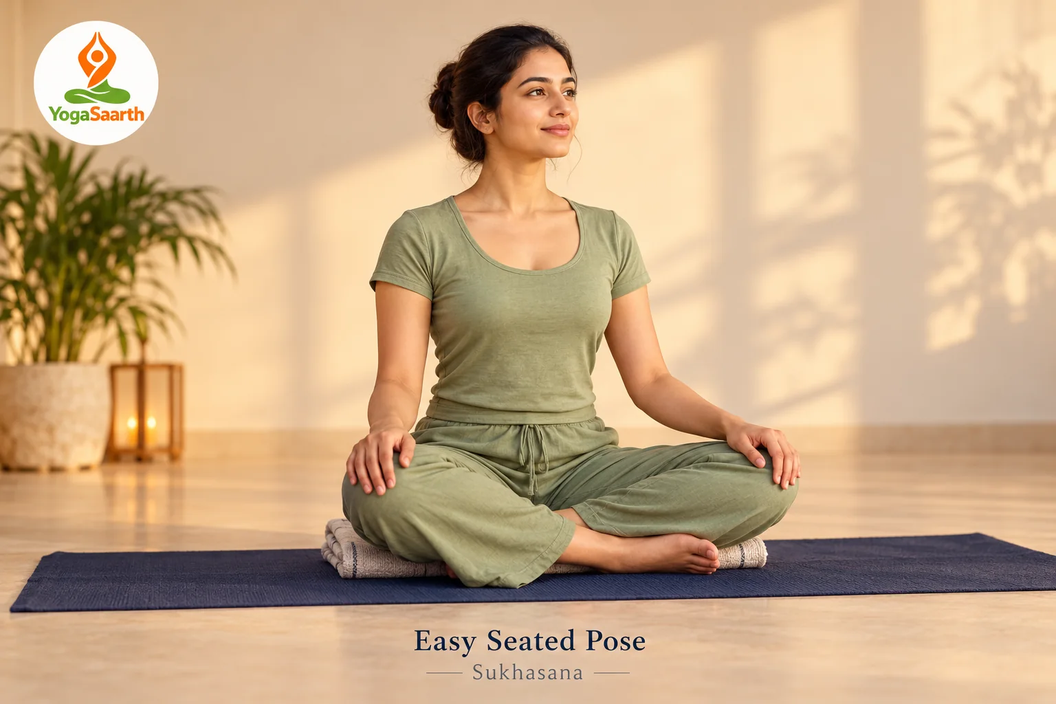 Woman sitting cross-legged on a folded blanket in Sukhasana
