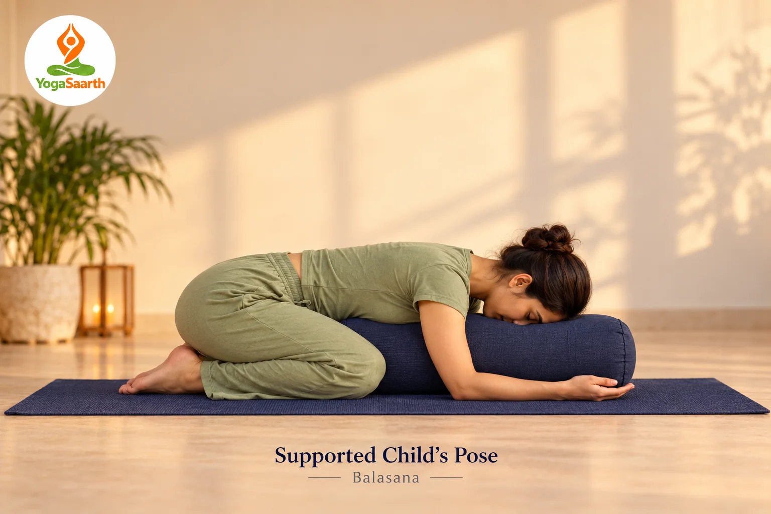 Woman resting her torso and forehead on a bolster in supported Child’s Pose
