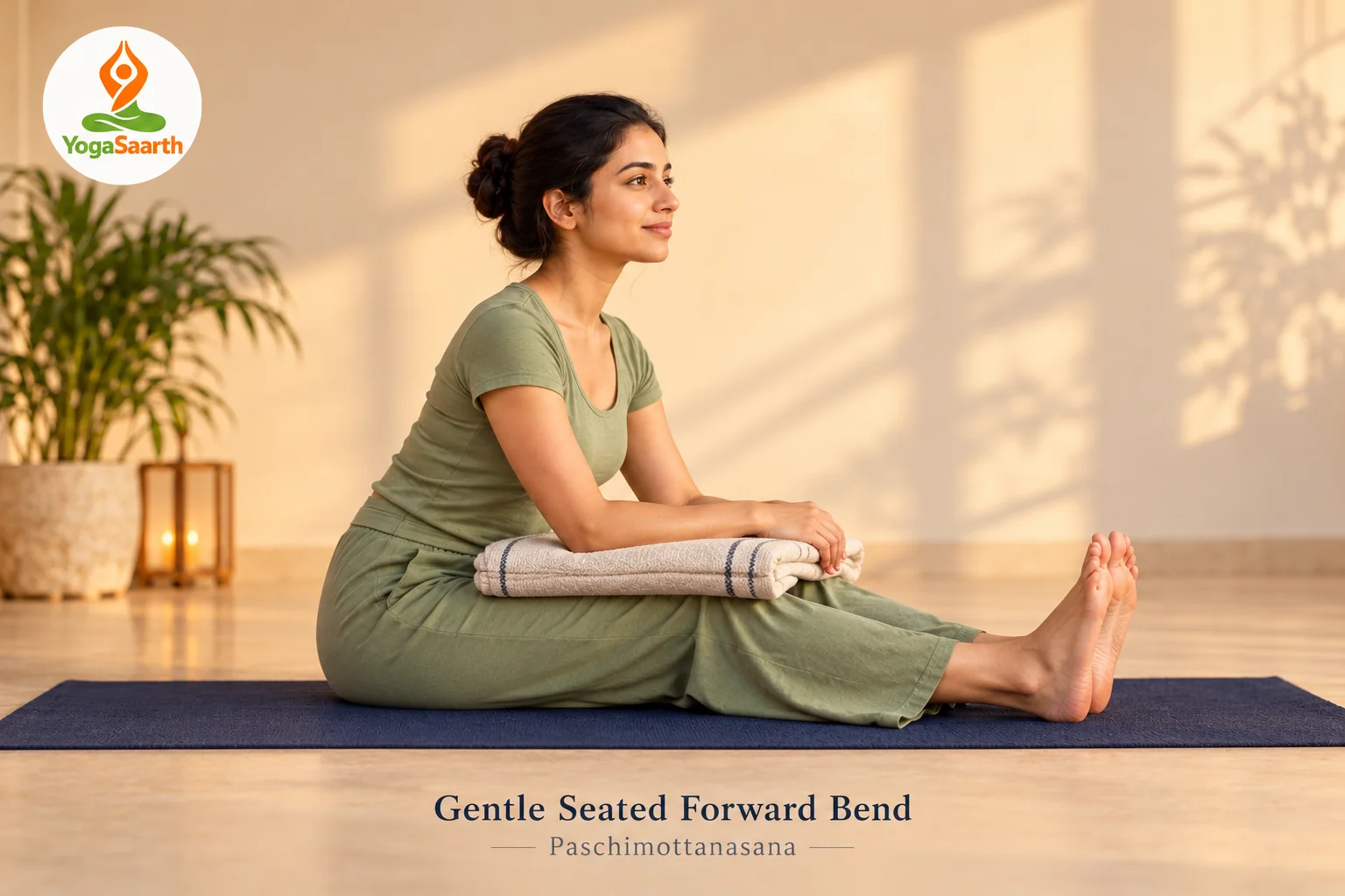Woman practising a gentle seated forward bend with bent knees and support over her thighs