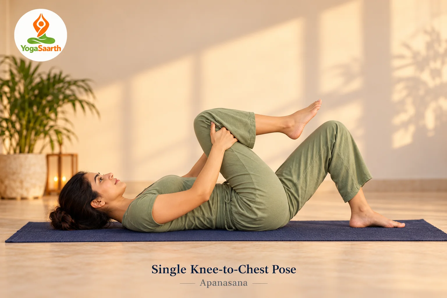 Woman gently holding behind one thigh in single knee-to-chest pose