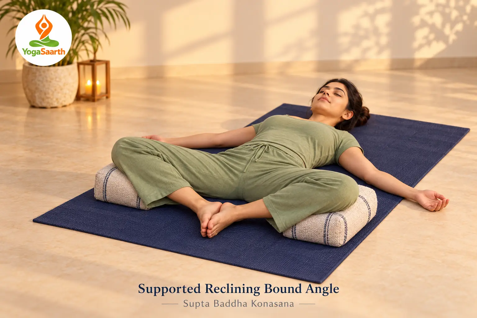 Woman in reclining bound angle pose with cushions supporting both thighs