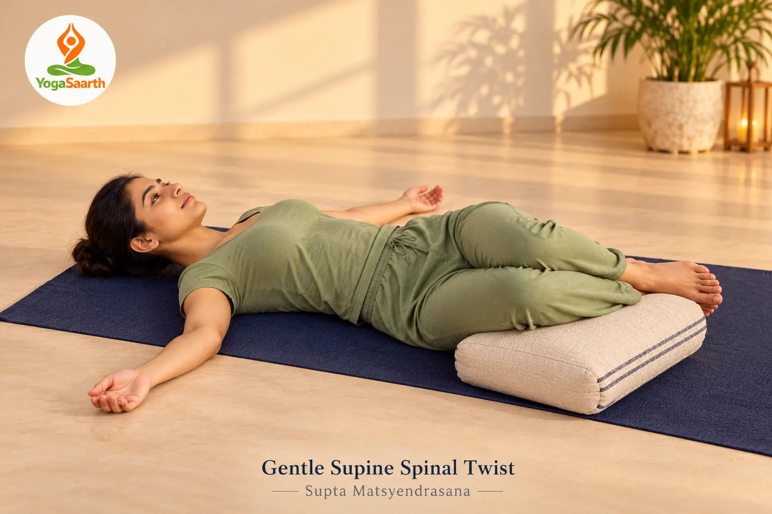 Woman in a gentle supine twist with bent knees supported on a cushion