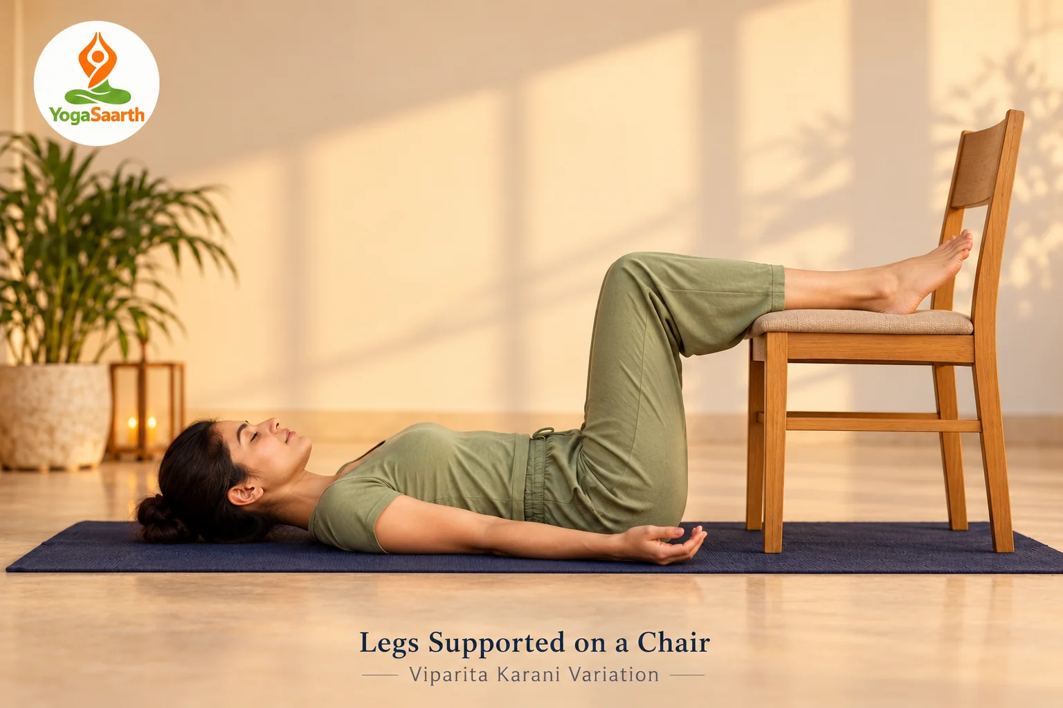 Woman lying on a yoga mat with calves supported on a stable chair