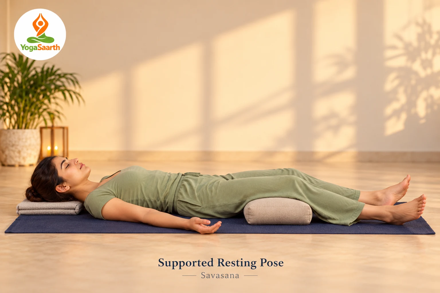 Woman resting in Savasana with cushions under her head and knees