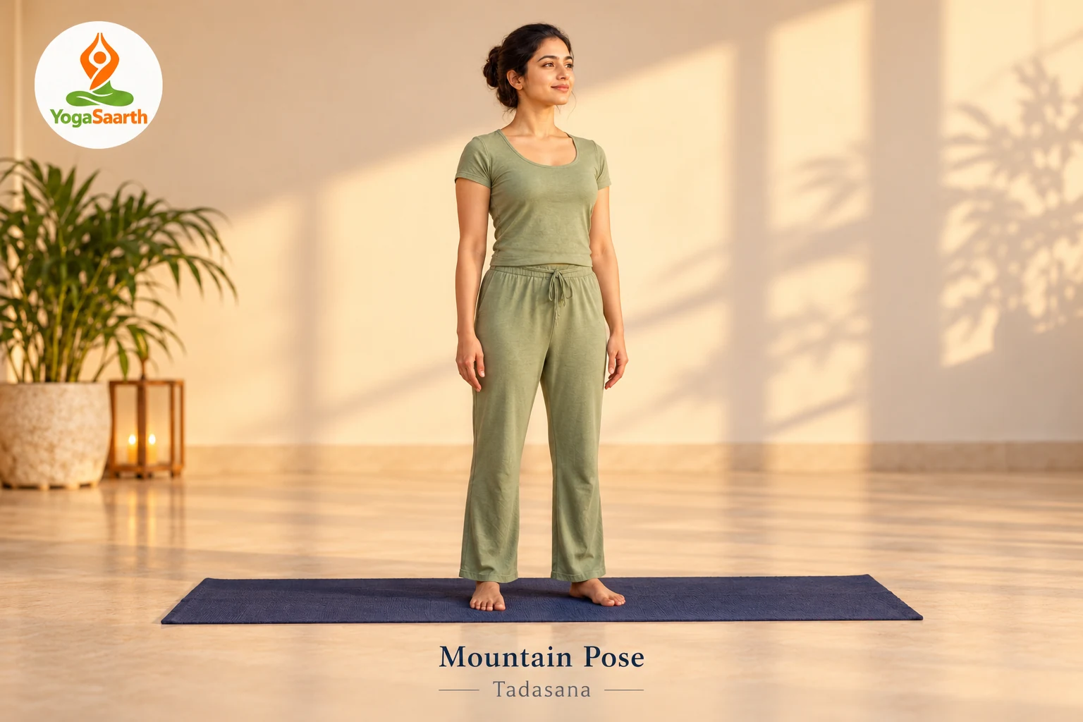 Mountain Pose (Tadasana) – YogaSaarth Woman standing with arms relaxed by her sides in Mountain Pose