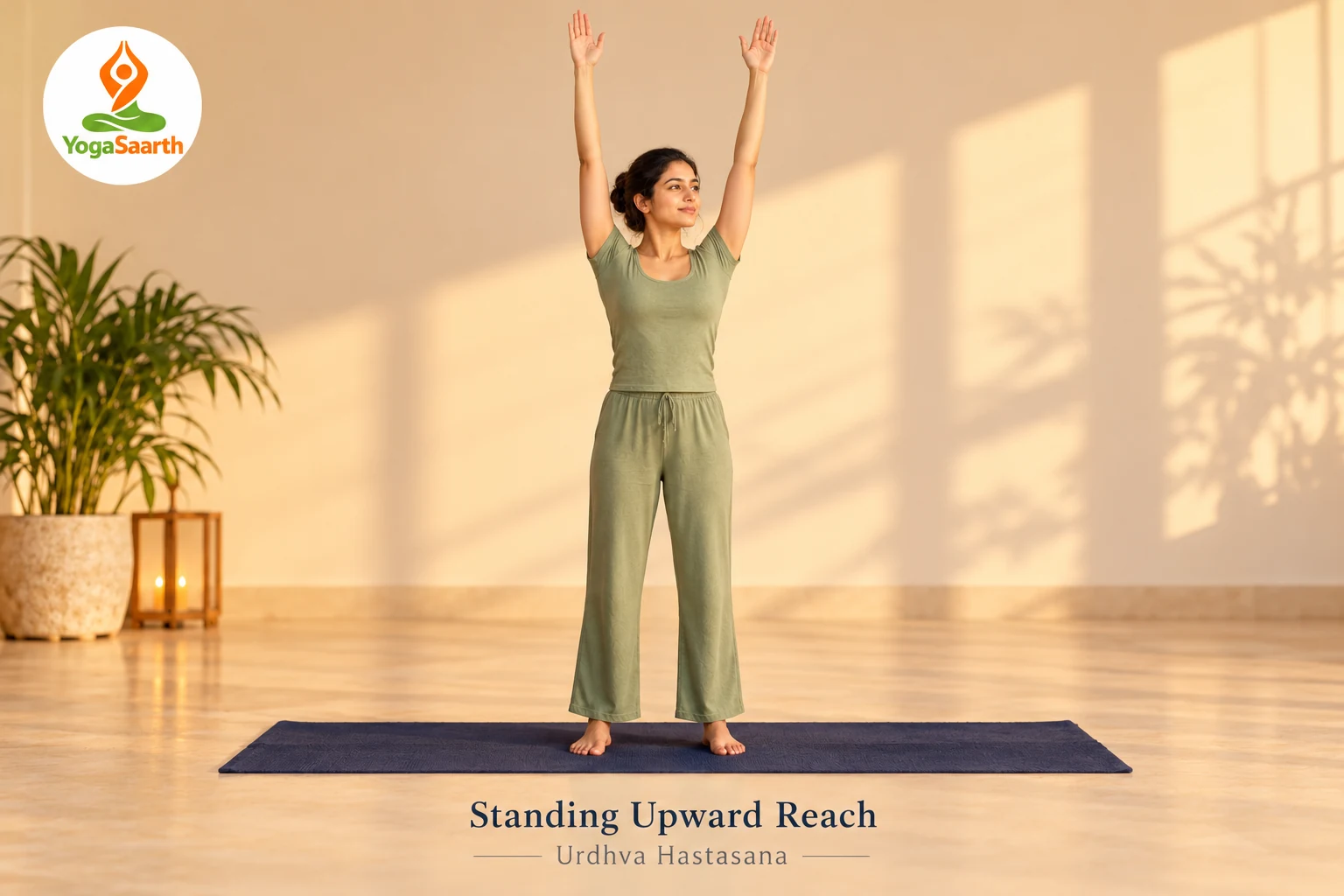 Standing Upward Reach (Urdhva Hastasana) – YogaSaarth Woman standing with both arms reaching comfortably overhead