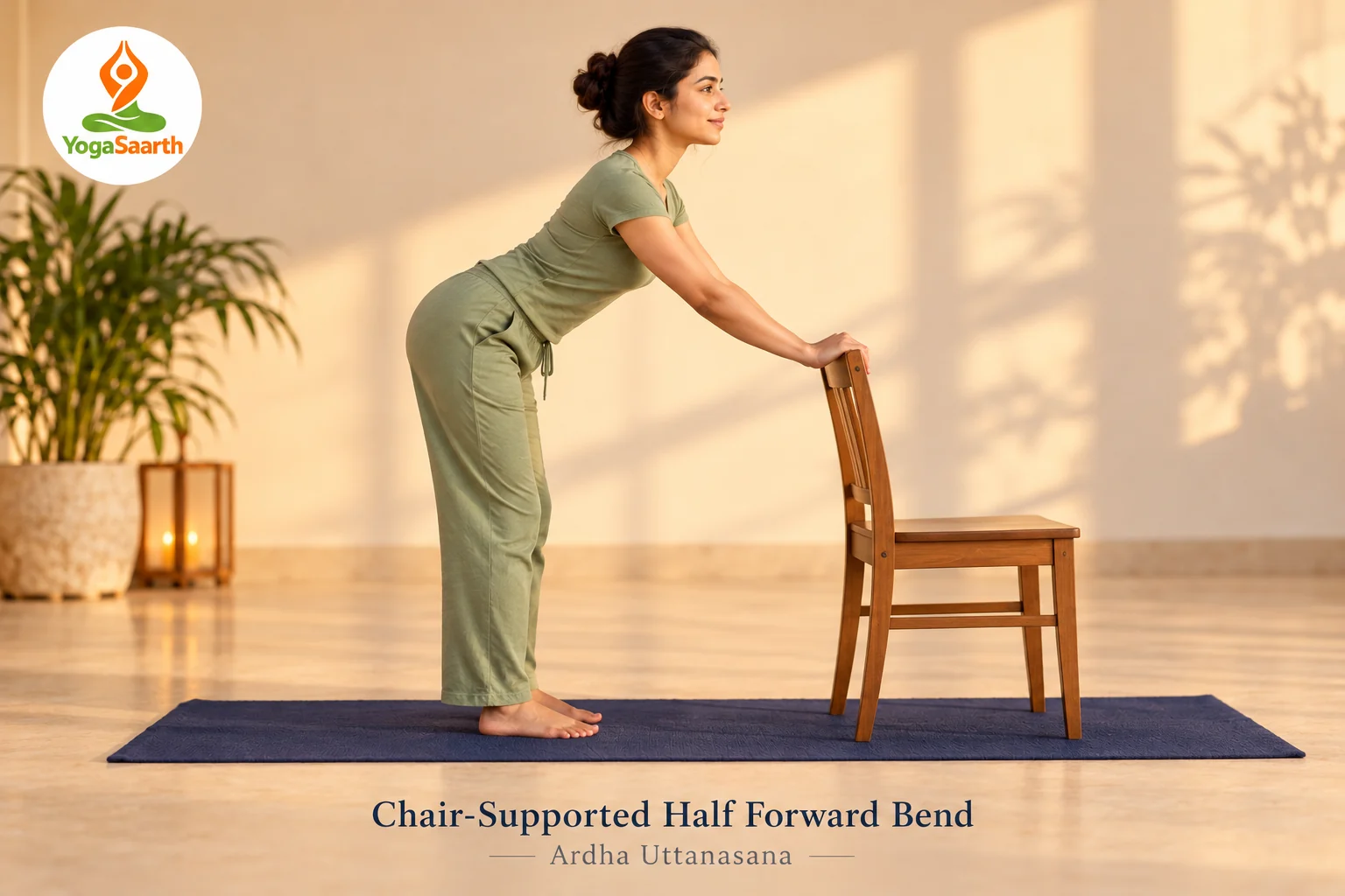Chair-Supported Half Forward Bend (Ardha Uttanasana) – YogaSaarth Woman hinging forward with hands supported on the back of a stable chair