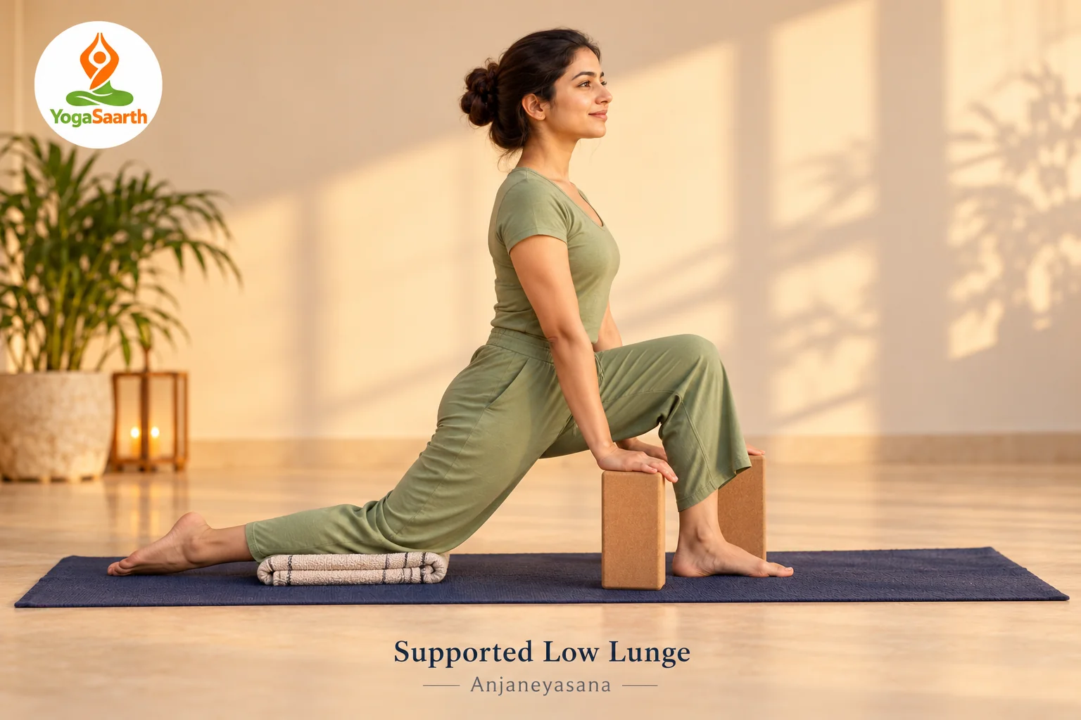 Supported Low Lunge (Anjaneyasana) – YogaSaarth Woman in a low lunge with hands on blocks and back knee on a folded blanket