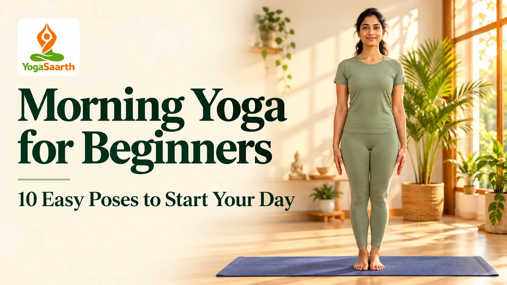 Woman standing in Mountain Pose in a sunlit studio, with morning yoga title and YogaSaarth logo