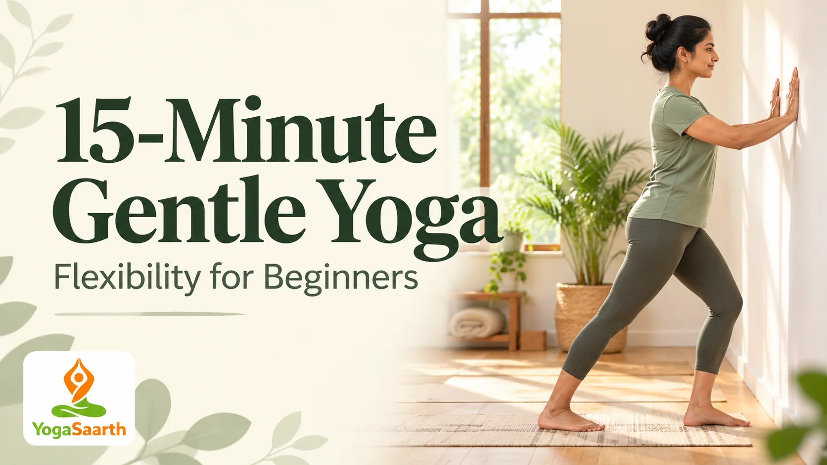 Woman practising a gentle wall-supported calf stretch in a bright yoga space