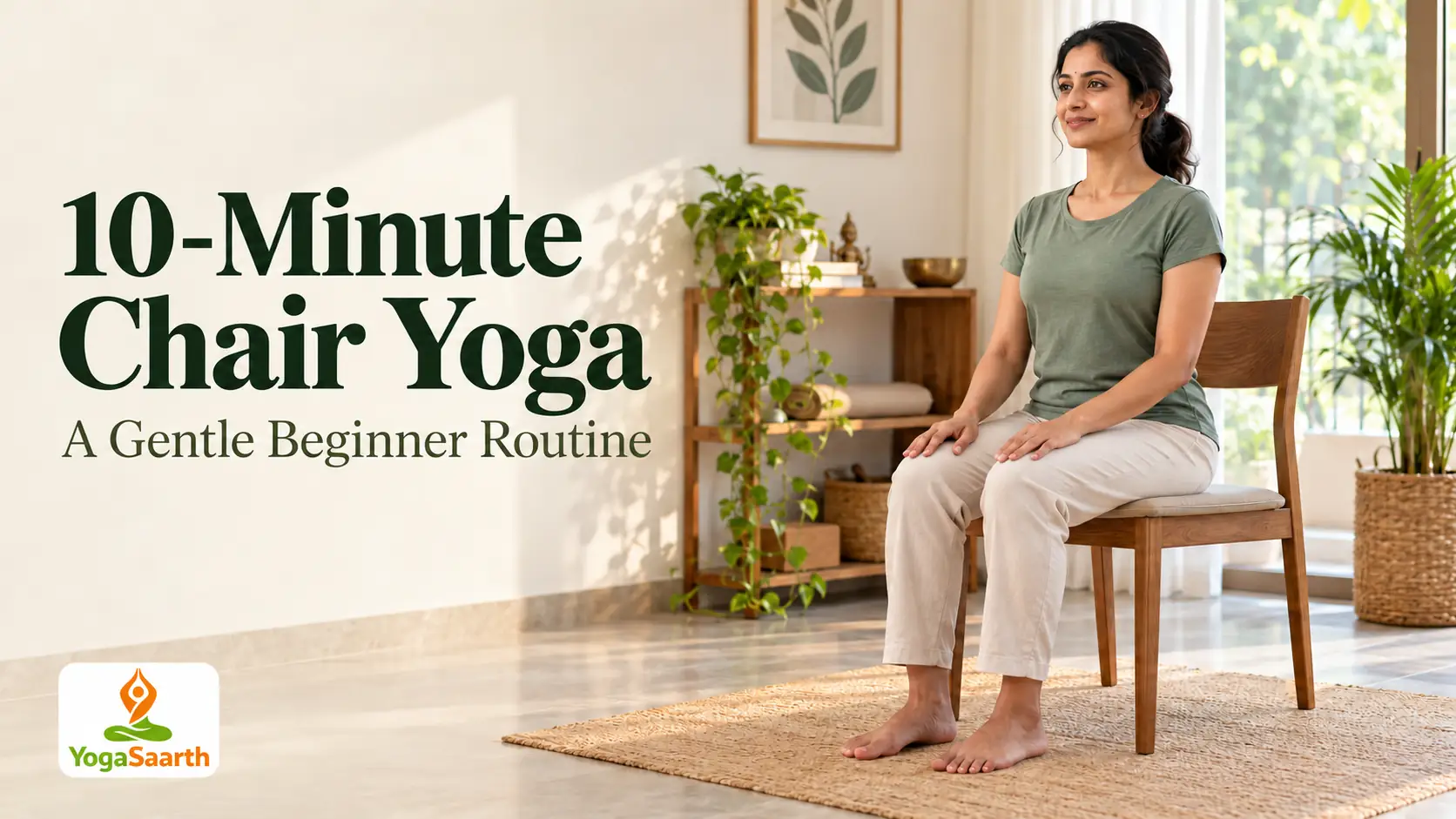 Woman sitting upright on a stable chair for a beginner chair yoga practice
