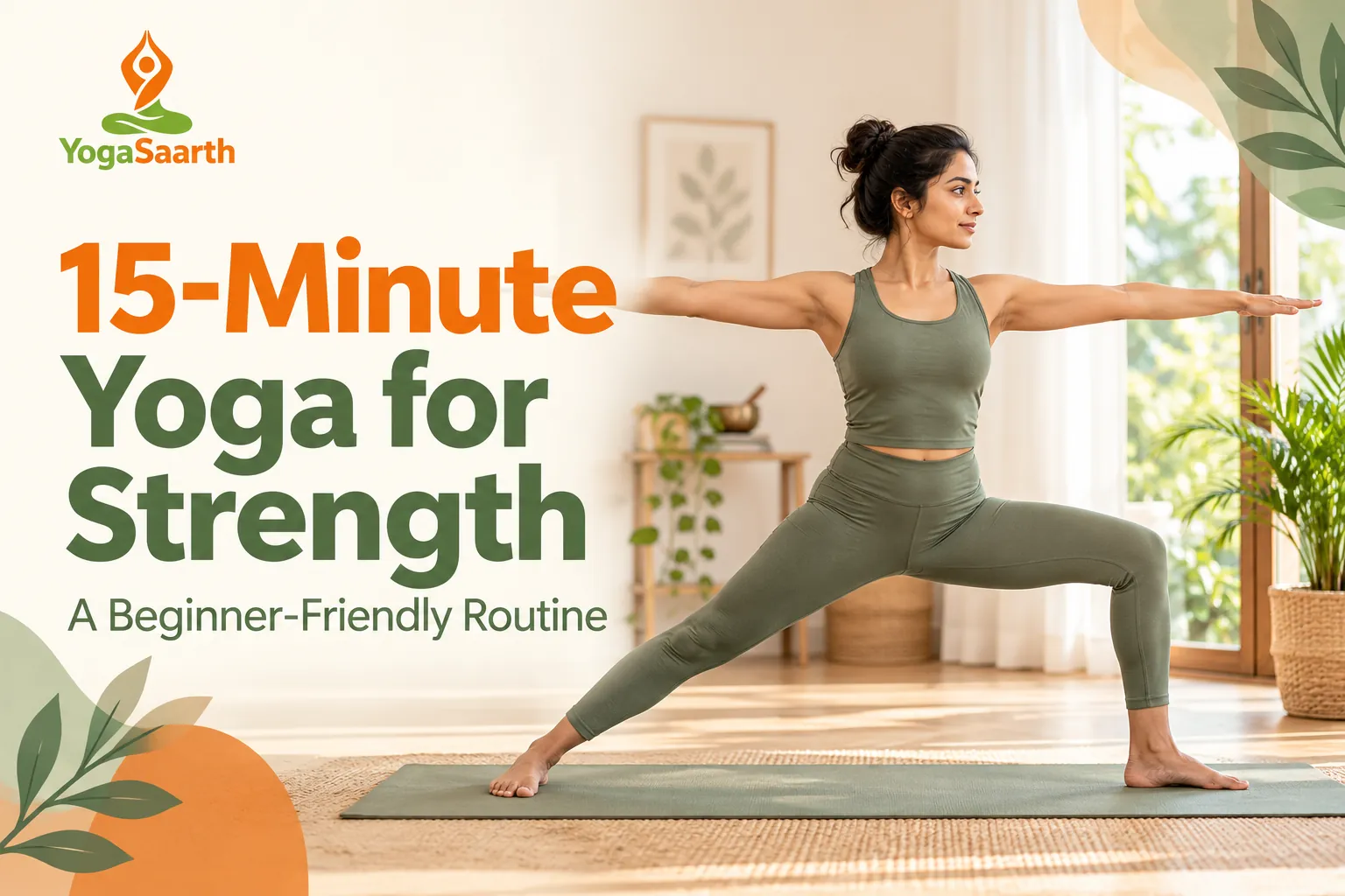 Woman practising Warrior II on a yoga mat beside the title 15-Minute Yoga for Strength and YogaSaarth logo