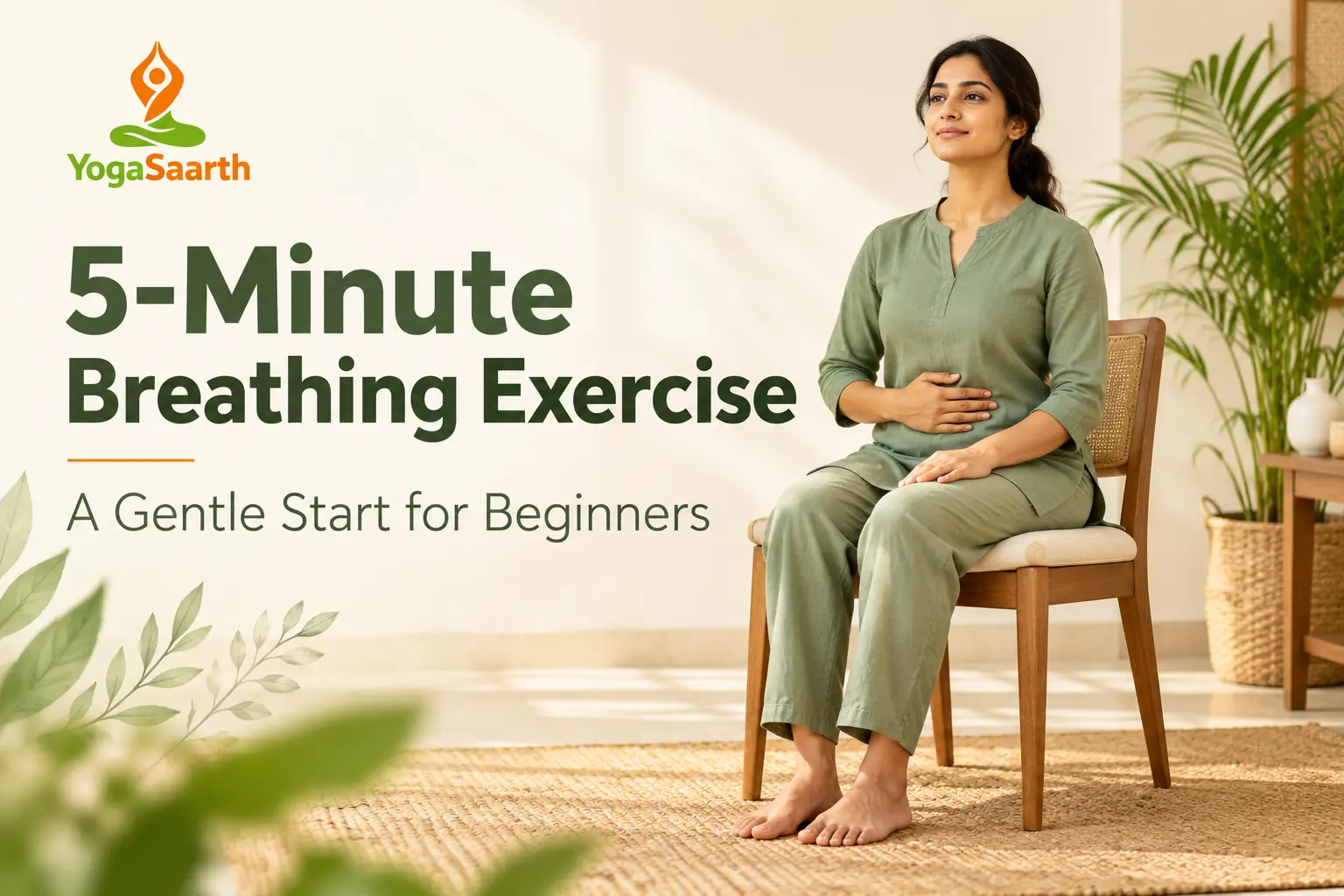 Woman seated on a chair with one hand on her abdomen beside the title 5-Minute Breathing Exercise and YogaSaarth logo