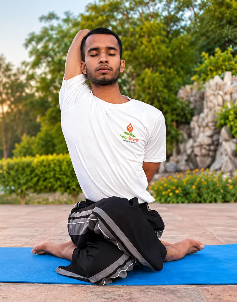 Woman joining a live online yoga class at home with Yoga Saarth